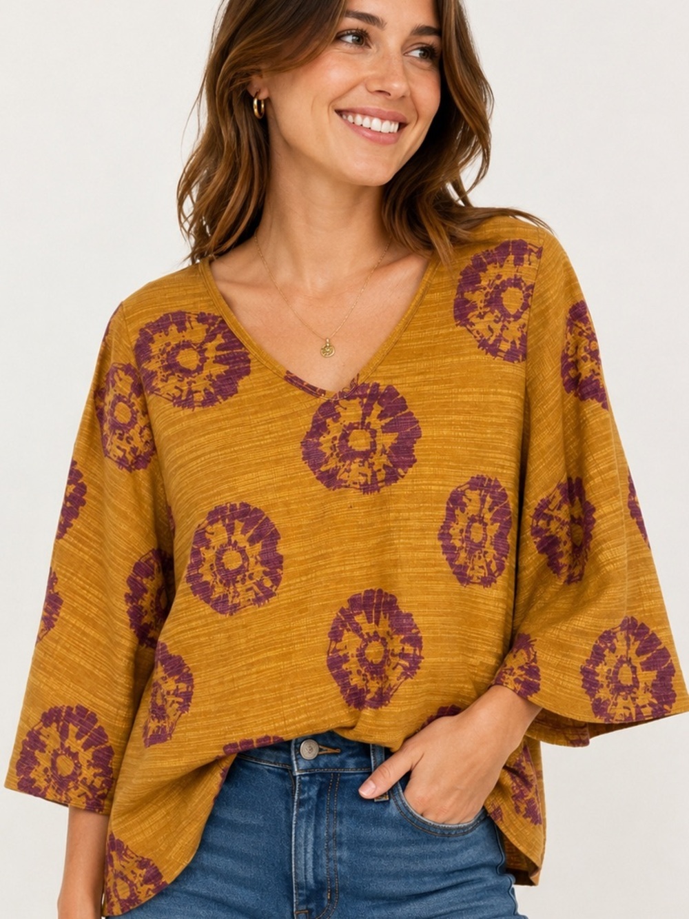 WONDERLY Mustard Floral Print Bell Sleeve Tunic Top Medium Boho Cottagecore